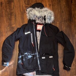 Girls Outbound Black Hooded Winter Jacket with Faux Fur Trim